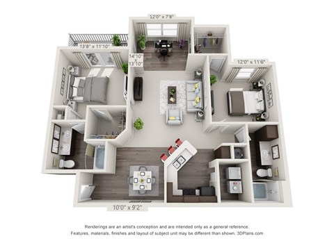 Floor plan for 2 beds, 2 baths, 1281 sqft